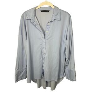 Zara Basic Blue Button Down Cotton Blend Blouse Women's Medium